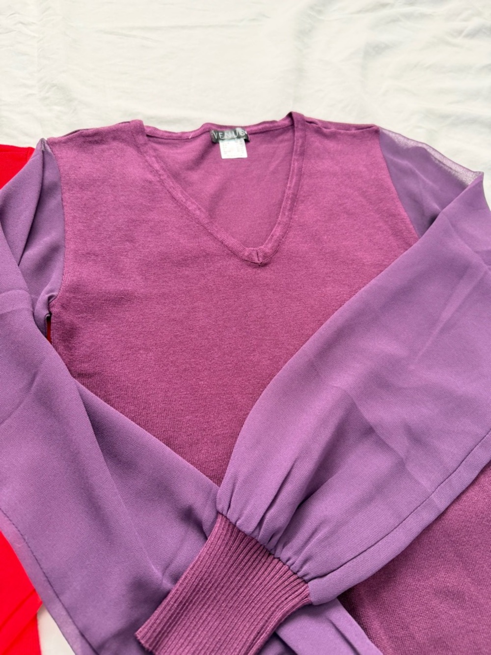 VENUS Bundle | 2 Sheer Sleeve Stretch Knit V-Neck Sweaters | Red & Purple | XS - Picture 7 of 16